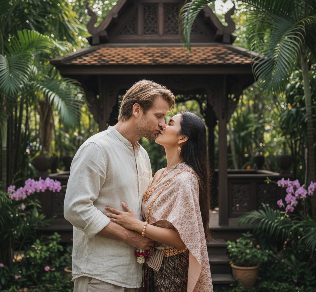 Couple sharing a kiss in a tropical Thai garden