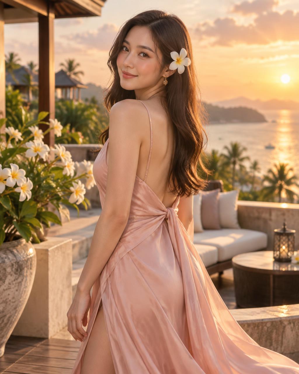 สุภาพสตรีไทยยิ้มอย่างมีความสุขที่รีสอร์ทริมทะเล